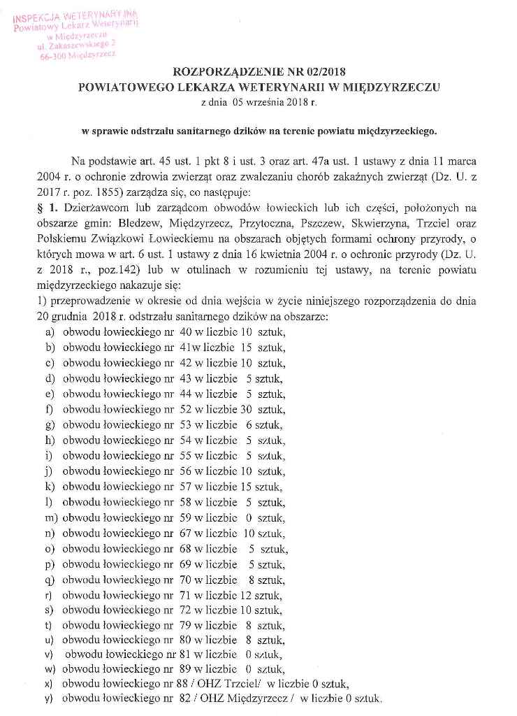 Rozporządzenie Powiatowego Lekarza Weterynarii w sprawie odstrzału sanitarnego dzików