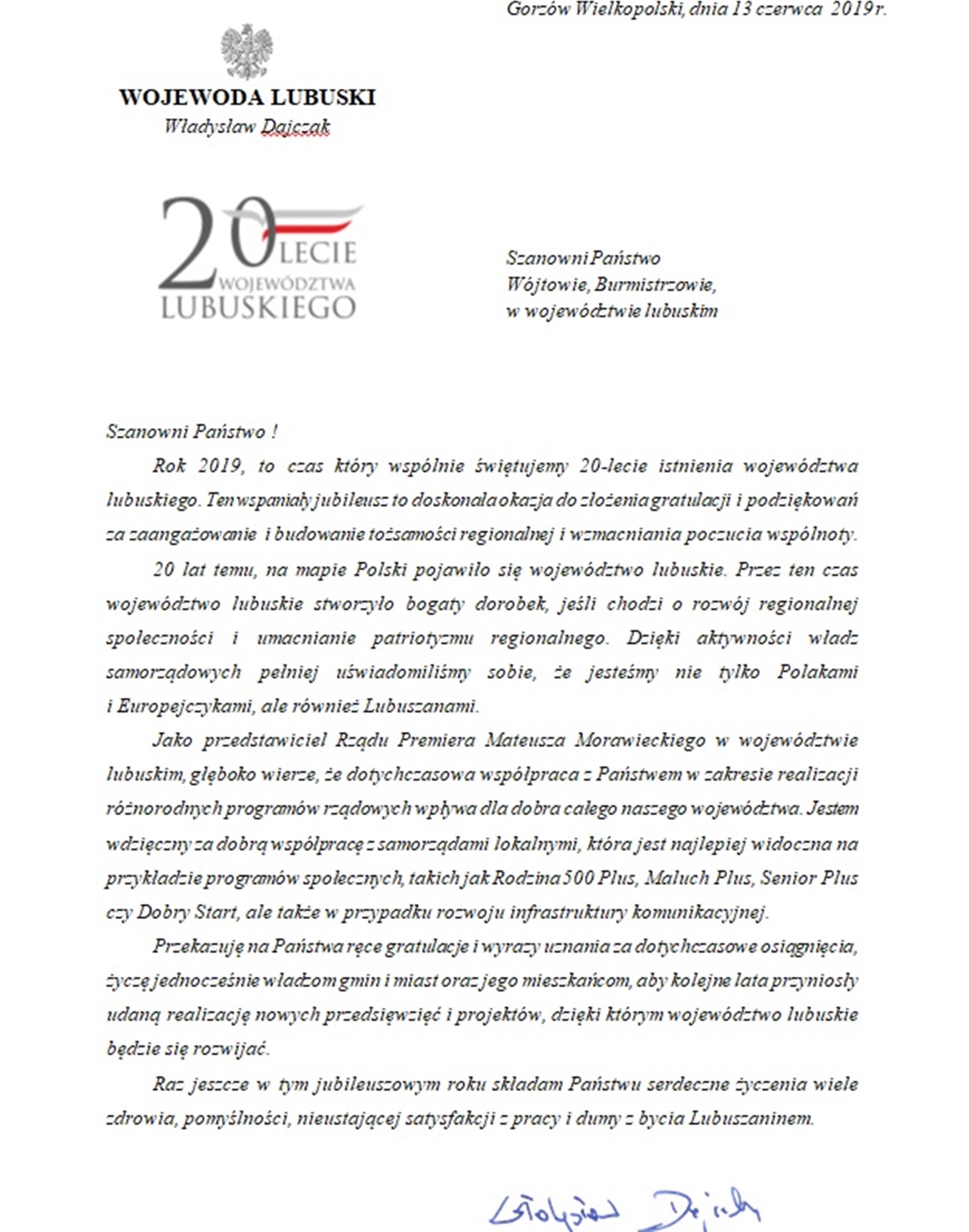 Ilustracja do informacji: List Wojewody Lubuskiego Władysława Dajczaka