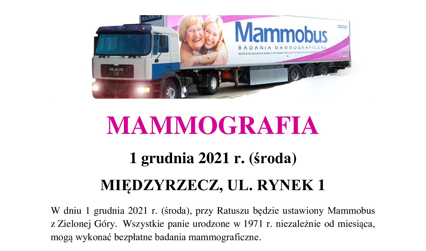 Ilustracja do informacji: Zapraszamy Panie na badania mammograficzne