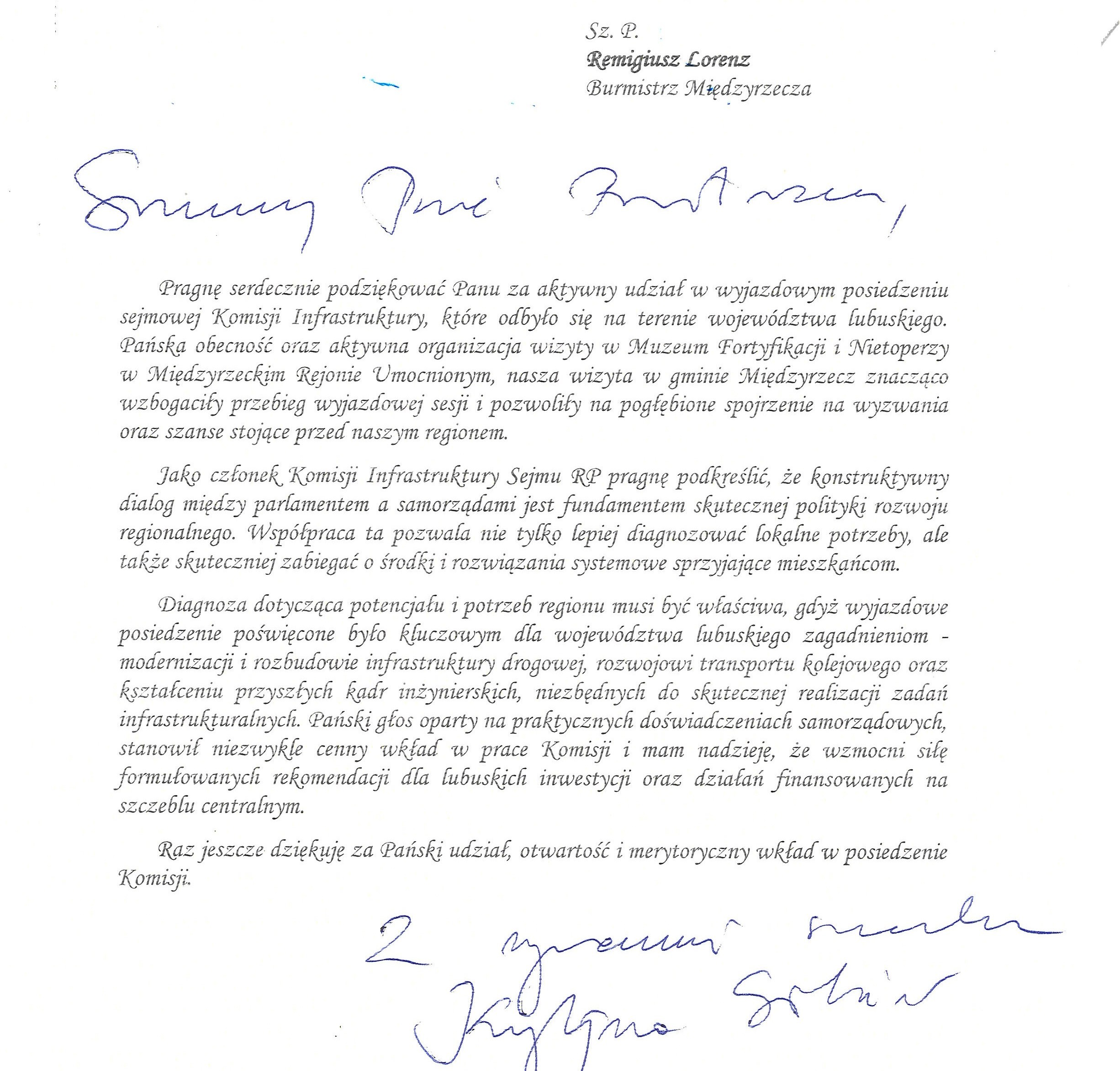 Ilustracja do informacji: Podziękowania dla burmistrza Międzyrzecza Remigiusza Lorenza